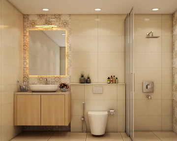 Compact Beige Bathroom Design With Backlit Vanity Mirror